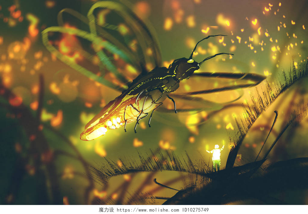 巨大的萤火虫在夜晚的森林